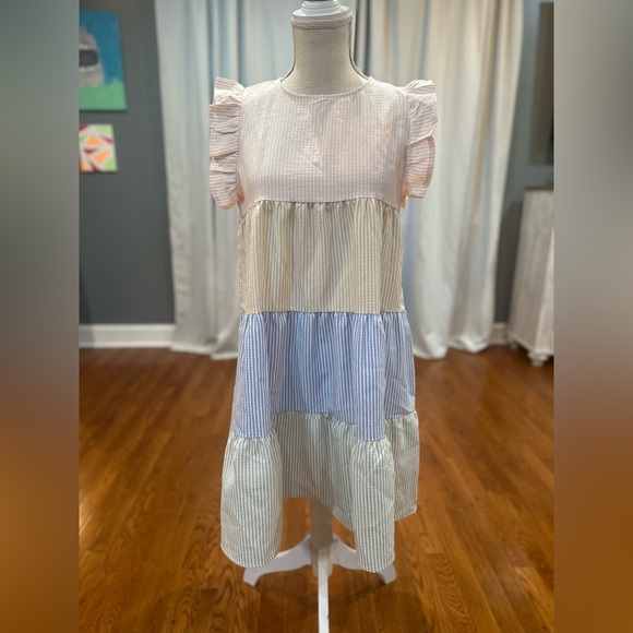SHEIN striped color block ruffle trim dress women’s size small LNC - Picture 1 of 7